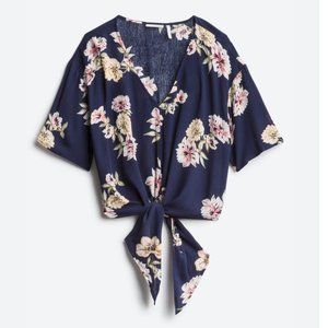 Blue Floral Tie Front Blouse